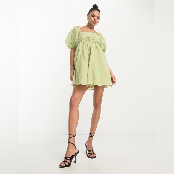 Abercrombie and Fitch Emerson Puff Sleeve Poplin Mini Dress in Light Sage Green - Picture 2 of 10